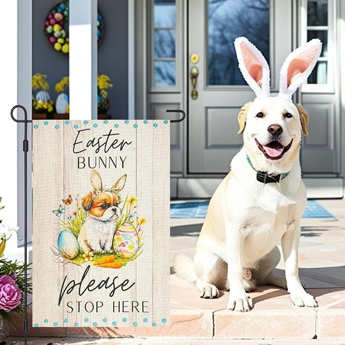 Easter Dog Garden Flag Bunny Please Stop Here Double Sided 12×18 Inch,Puppy With Rabbit Ear Eggs Vertical Small Burlap Spring Holiday Yard Lawn Front Porch Outdoor Decorations