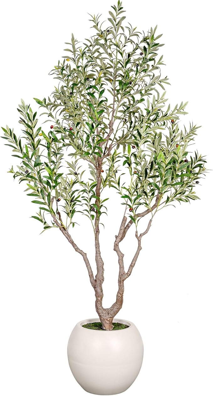 Olive Tree Artificial Indoor, 8FT Tall Faux Olive Tree with 16in Round White Planter, Artificial Plants with Natural Wood Trunk and Lifelike Fruits for Home Office Decor