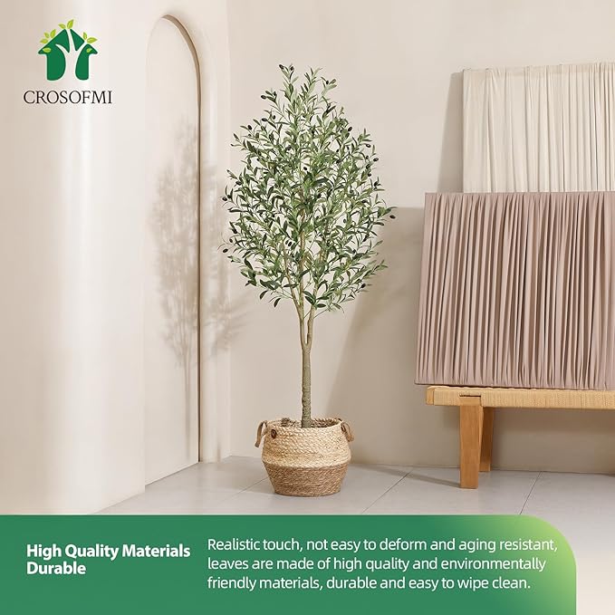 CROSOFMI Artificial Olive Tree Plant 6Ft Fake Topiary Silk Tree, Perfect Faux Plants in Pot for Indoor Outdoor House Home Office Garden Modern Decoration Housewarming Gift,1Pcs