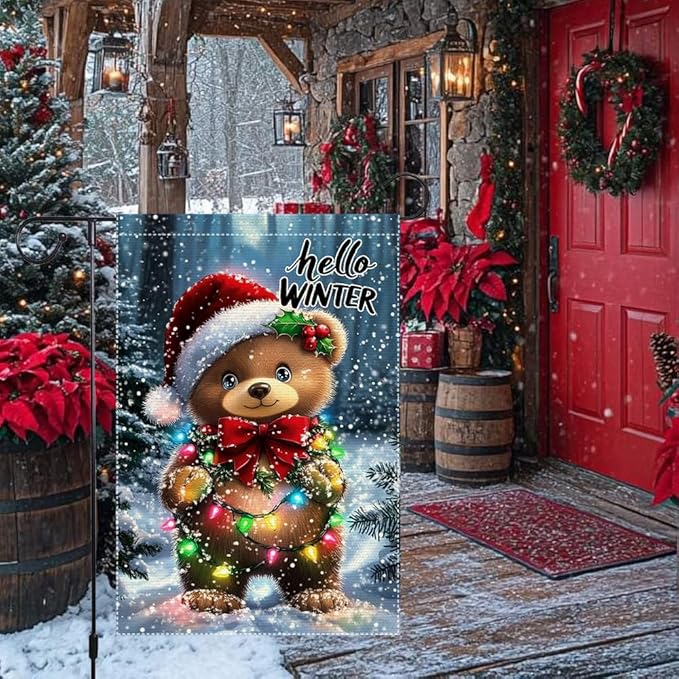 Hello Winter Garden Flag 12x18 Inch Double Sided Burlap Christmas Yard Flag Cute Bear with Lights Holiday Outdoor Small Winter Decorations for Lawn Porch Patio Tree