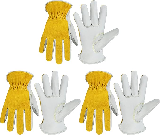 HANDLANDY Men Leather Gardening Gloves, Utility Work Gloves for Mechanics, Construction, Driver