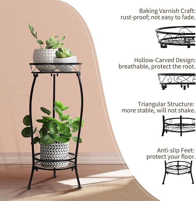 Cometofit Plant Stand Indoor Outdoor 2 Tier 27" Tall Metal Potted Holder Rack Flower Pot Stand Heavy Duty Plant Shelf Rustproof Iron Multiple Plant Round Supports Rack for Planter Corner Garden