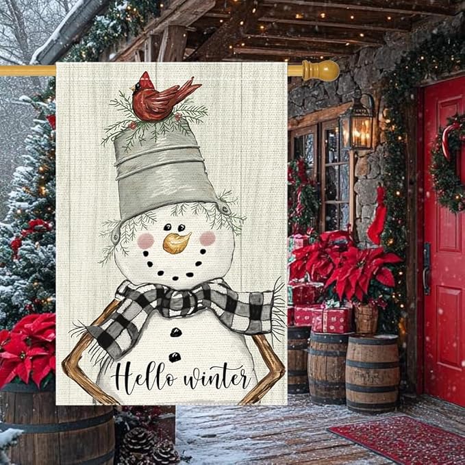 Hello Winter Garden Flag 28x40 Inch Double Sided,Christmas Winter Snowman Cardinal Holiday Yard Outdoor Flags (RMQ-83D, 28"X40")