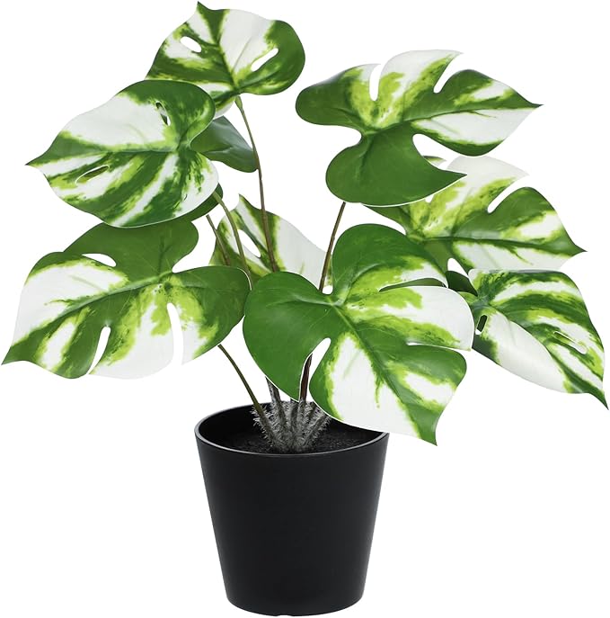 Briful Fake Plants 11.8'' Realistic Monstera Plant Artificial Potted Indoor Plant Houseplant in Black Pot for Home Decor Wedding Centerpiece Dining Table Farmhouse, White Leaves