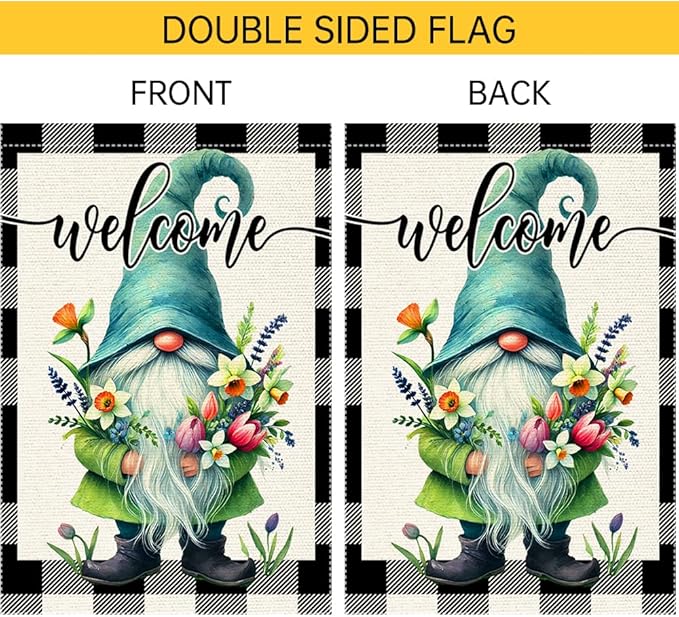 Welcome Spring Summer Gnome Garden Flag Colorful Floral Buffalo Plaid Garden Flags Small Burlap Lawn Seasonal Wildflowers Home Flags Outside Yard 12x18 Inch Double Sided