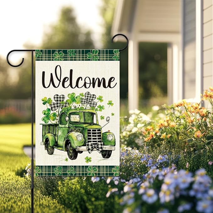 St Patricks Day Welcome Garden Flag 12x18 Inch Double Sided,Shamrocks Truck Buffalo Plaid Outdoor Irish Decor House Porch Flag for St Patrick's Day Party and Yard Decorations