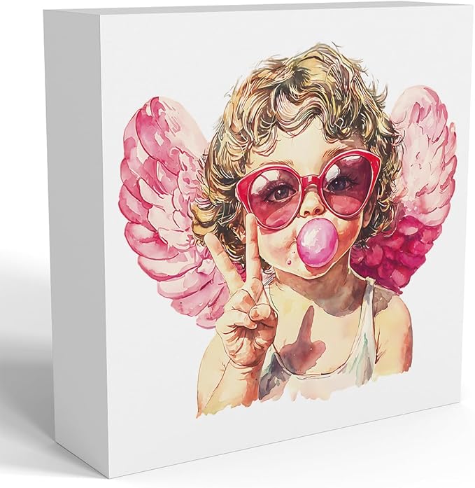 Valentines Day Decorations, Valentines Day Gifts for Her Him, Gift for Boyfriend Girlfriend, Pink Rustic Cupid Blowing Bubble Anniversary Wooden Box Sign Husband Wife Home Office Bedroom Desk Decor