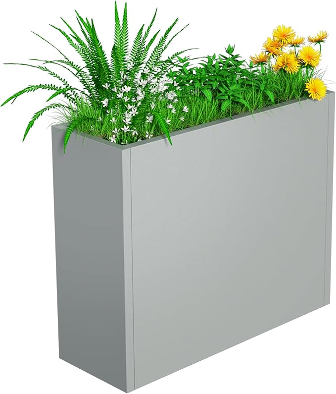 NUWJBYE Tall Metal Planter Box, 30" L x 10" W x 24" H Large Outdoor Planters with Drainage & Adjustable Shelf, Heavy Duty Steel Rectangular Planter for Patio, Balcony, Indoor(Gray)