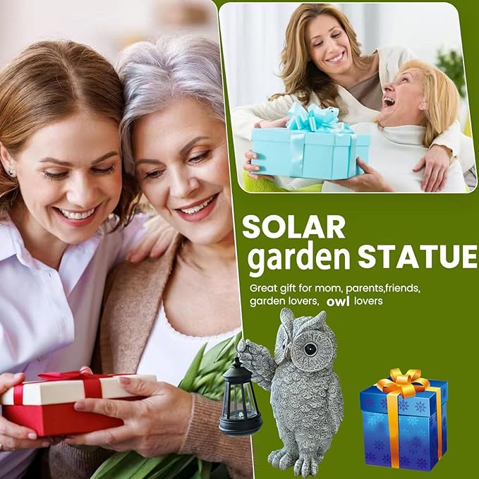 GUANFU Garden Statues, owl Outdoor Figurines Decorated with Solar Lights, Unique Christmas Birthday Gifts for Moms, Grandmas, Women, Wives, Sisters (Grey Owl1)
