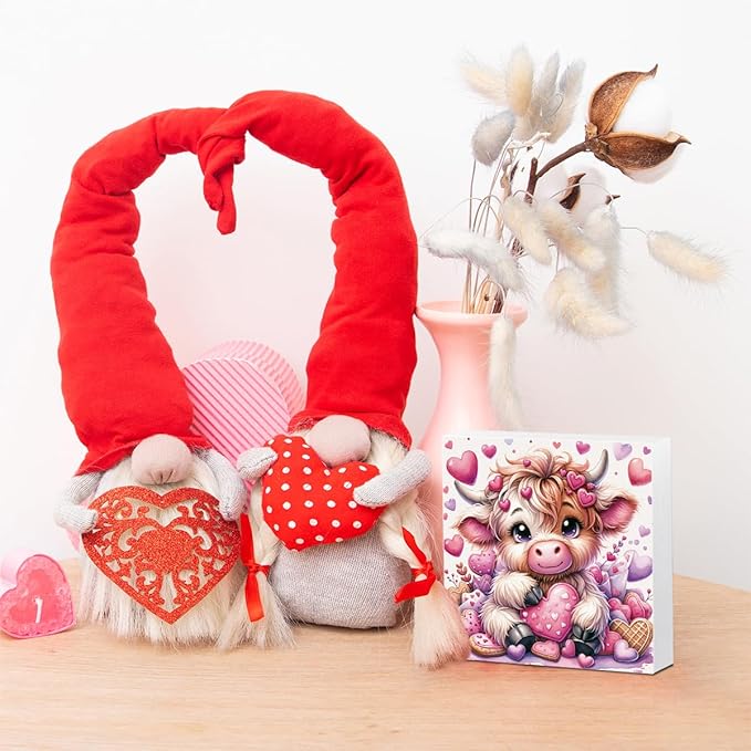 Valentines Decor, Valentines Day Decorations, Highland Cow Valentine's Gifts for Boyfriend Girlfriend, Pink Valentine's Table Decor Highland Cow Decoration Gifts, Office Wooden Decor Signs