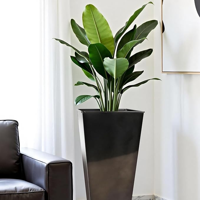Worth 2 Pack 28" Tall Large Metal Planter, Tapered Steel Flower Pots with Insert Plate with Drain Holes & Air Vents for Indoor or Outdoor Use, Black