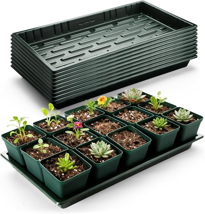 10 Pack Heavy Duty 1020 Trays No Holes - 1.6 Inch Deep Shallow Nursery Flats, Reusable Seed Starter Trays for 72/128 Cell Inserts, Microgreens, Seedling and Hydroponics (Dark Green)