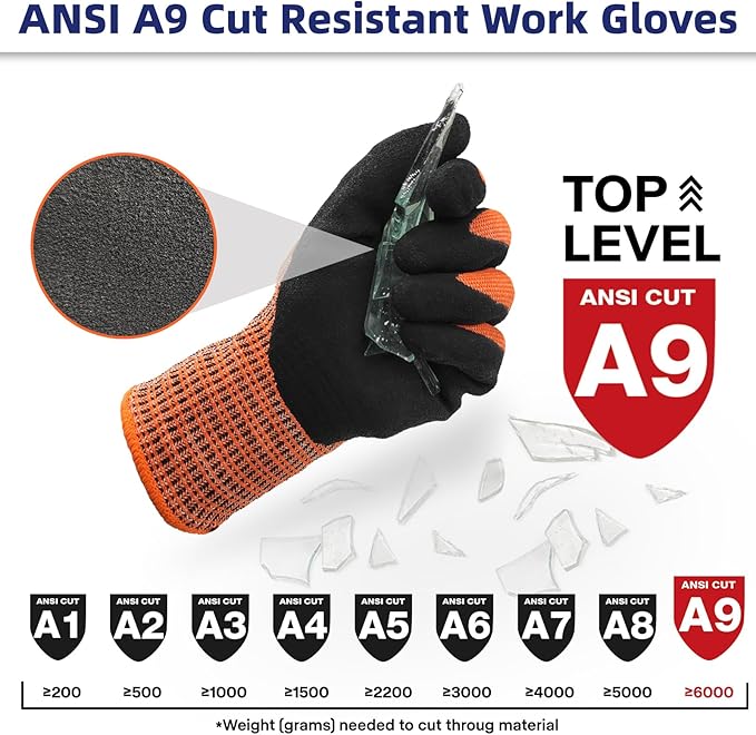 Schwer ProGuard Highest Level Cut Resistant Work Gloves PR3326 for Extreme Protection, ANSI A9 Cut Gloves with Reinforced Thumb, Non Slip, Breathable, Cooling, Durable, Touch-screen, Orange 2 Pairs（S）