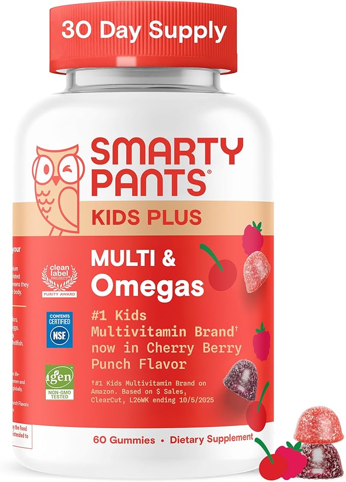 SmartyPants Kids Multivitamin Gummies - Improved Formula: Omega 3 (DHA/EPA), Vitamins D3, C, B12, B6, Vitamin A, K & Zinc, Gluten Free, Cherry Berry Punch Flavors, 60 Count (30 Day Supply)