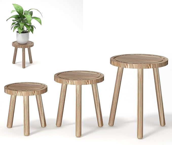 Vecxoty 3-Pack Wood Plant Stands Indoor, Single Plant Stand for 6-12 Inch Pots, Mid-Century Modern Plant Stool, Tall Plant Stand for Large Plants for Living Room, Balcony, Office (Light Brown