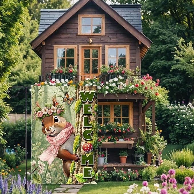 Spring Summer Garden Flag Decorations 12x18inch Burlap Double Sided Squirrel Summer Garden Flags For Outside Yard Home Outdoor Patio Lawn Decor,Welcome Garden Banner (RMQ86, 12"X18")