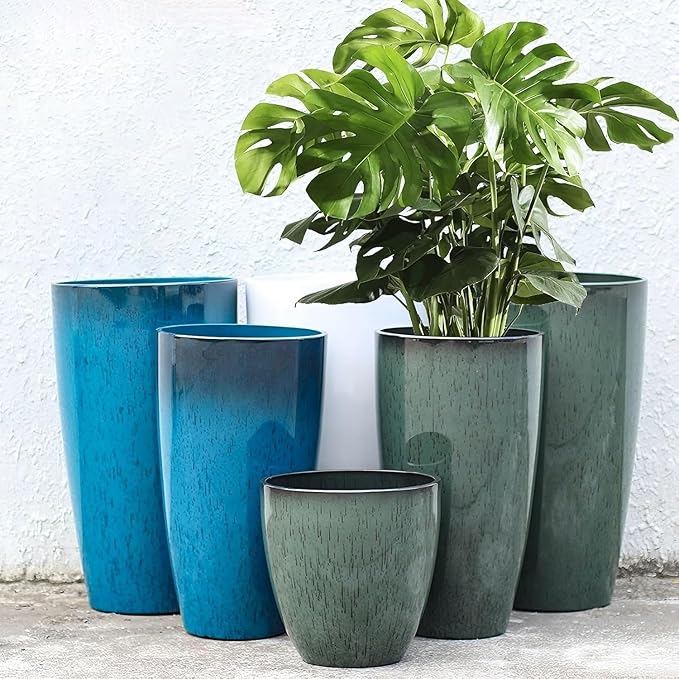 MinCHI257 24/21/11 Inch Tall Planter Pots Garden Plastic Planters - Set of 3 for Indoor & Outdoor Use - Decorative Lightweight Flower Pots (Dark Grey)