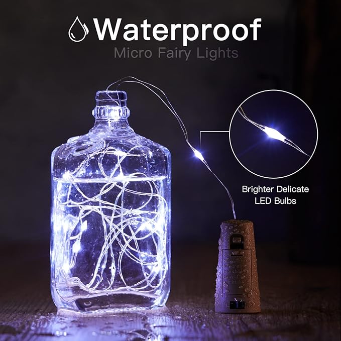 Brightown Wine Bottle Lights with Cork, 10 Pack 20 LED Waterproof Battery Operated Cork Lights, Silver Wire Mini Fairy Lights for Liquor Bottles DIY Party Christmas Wedding Décor, Pure White