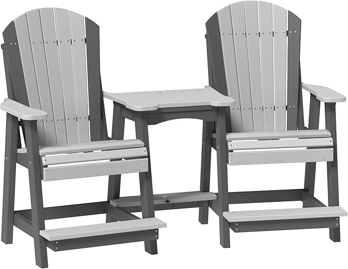 LuxCraft Poly Tete-a-Tete Patio Table and Counter Height Balcony Chairs with Umbrella Hole, Weatherproof Outdoor Patio Furniture Set for Outside - Amish Made in USA (Dove Gray & Slate)