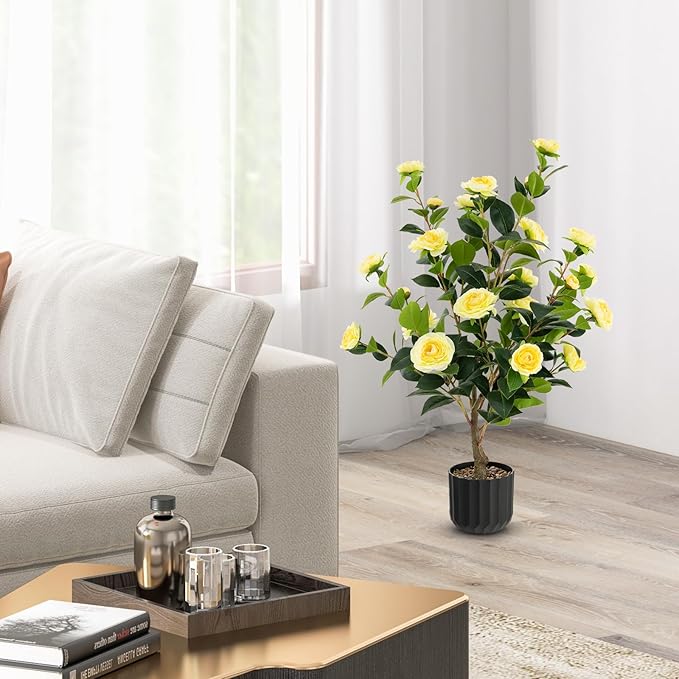 Goplus 38’’ Artificial Camellia Tree, Flower Plants Artificial Tree, Faux Floral Plant Blooming Tree in Cement Pot, Greenery Potted Plant for Indoor Outdoor Office Home Porch Decor