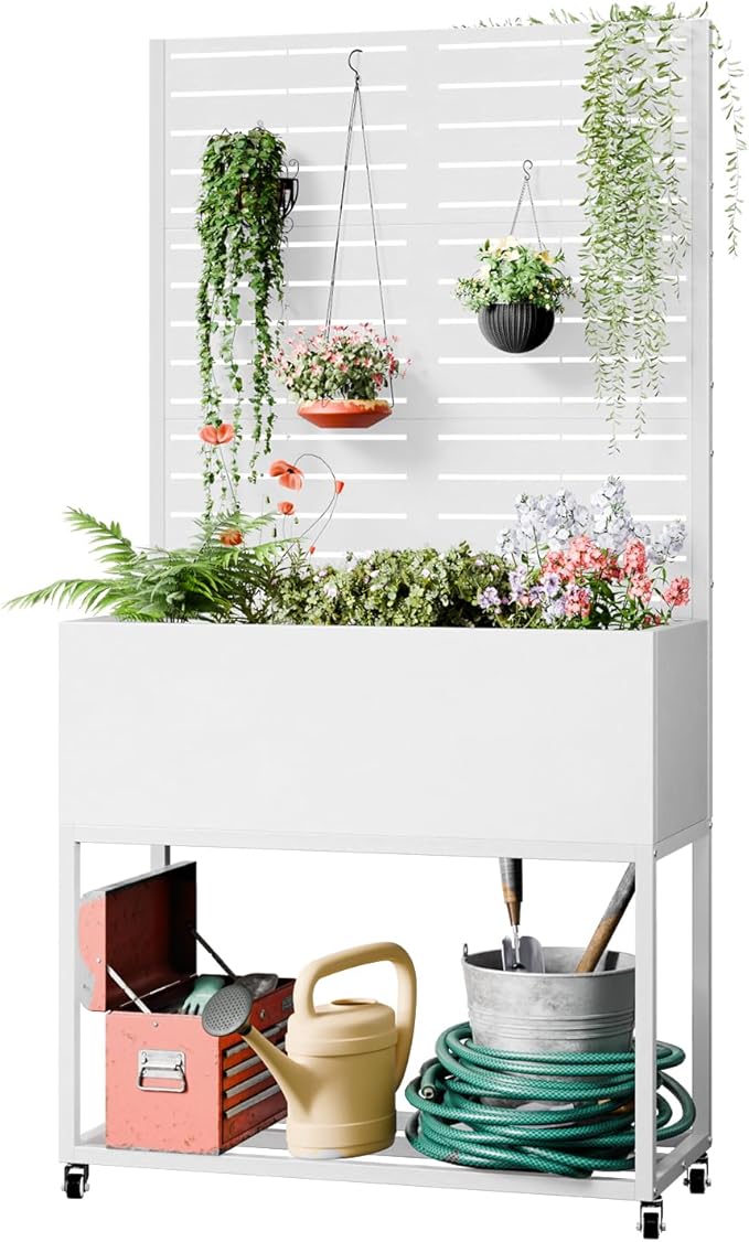 Metal Planter Box with Trellis,67" H x35 W Raised Garden Beds with Privacy Screen for Climbing Plants Flower, Elevated Standing Planter Garden Bed with Drainage Holes for Outdoor Patio,White