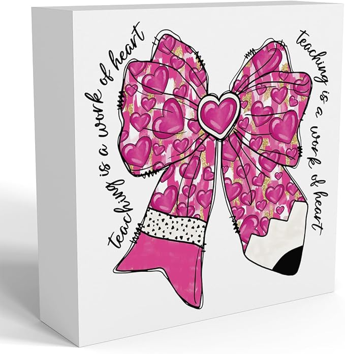 Teacher Valentine Decor Gift, Teacher Appreciation Gifts, Vintage Valentines Day Gifts for Teachers, Graduation Birthday Gift, Pink Glitter Bow Pencil Wooden Box Sign for Office Desk Decor