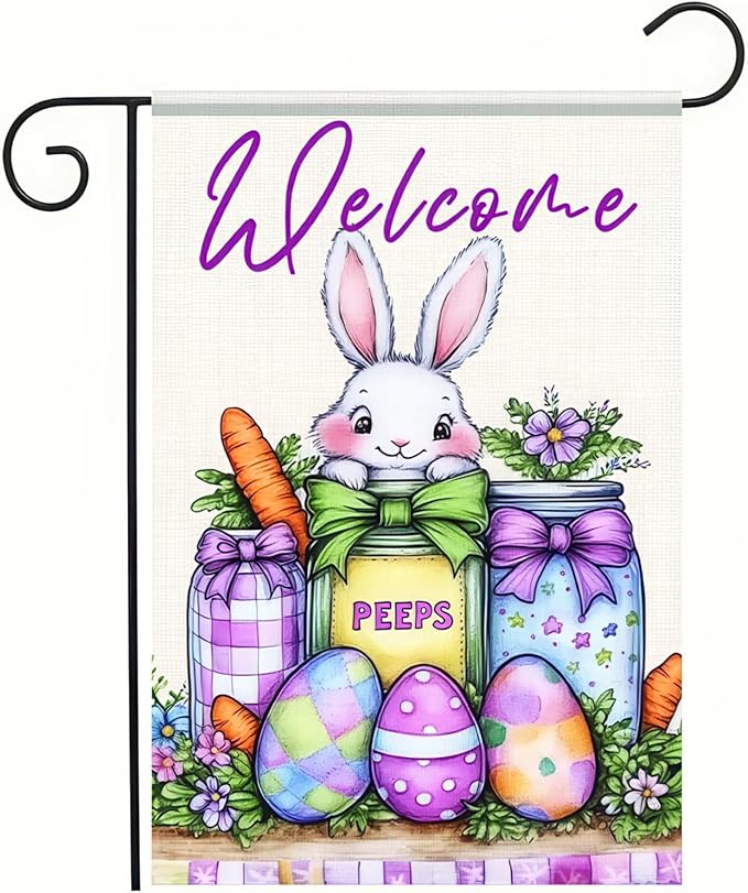 Spring Welcome Garden Flag2x18 Inch Double Sided Happy Easter Garden Flag Bunny Easter Egg Mason Jar Small Garden Flag Flower Yard Lawn Outside Decor Spring Outdoor Home Decoration