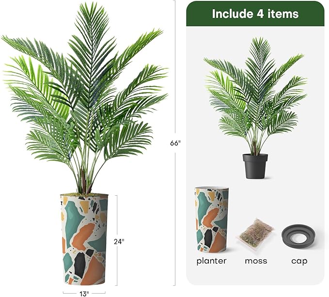 Artificial Tree in Modern Geometric Pattern Planter, Fake Areca Tropical Palm Silk Tree for Indoor and Outdoor Home Decoration - 66" Overall Tall (Plant Pot Plus Tree)