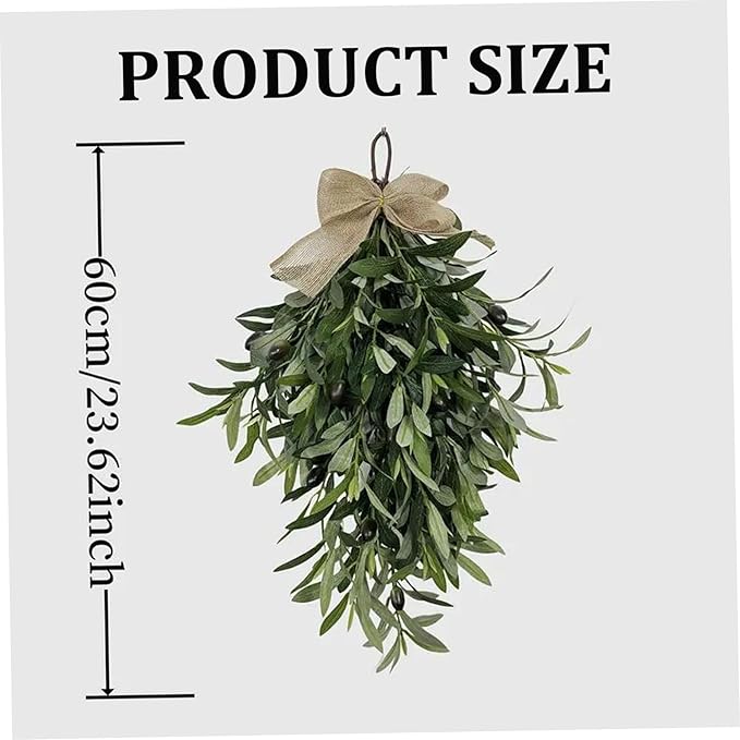 Olive Wreath 24 Inch Artificial Olive Wreaths for Front Door Hanging Teardrop Swag Greenery with Burlap Bow for Front Door Wall Wedding Arch