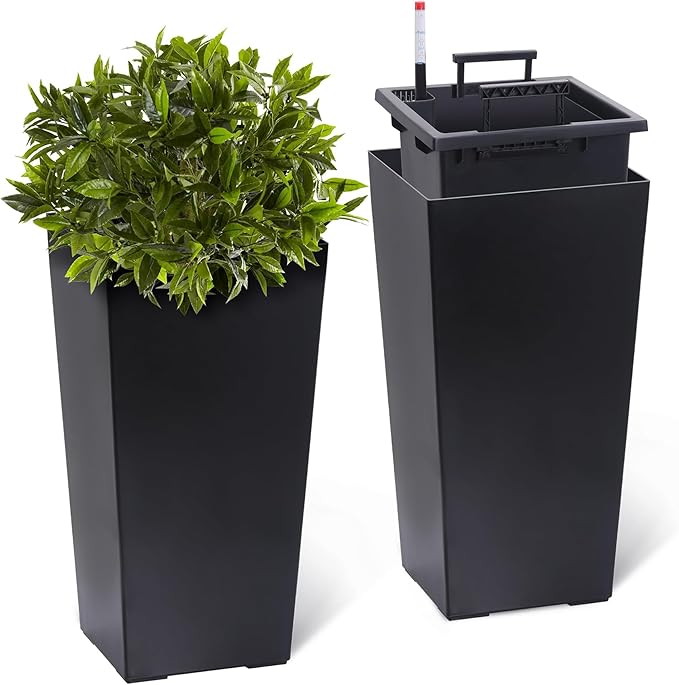 Set of 2 Tall Planters for Outdoor Plants, 22.5" Large Planter Pots with Drainage Holes & Water Level Monitor, Self-Watering Flower Pots for Patio, Porch, Garden, Front Door Decor, Indoor Outdoor