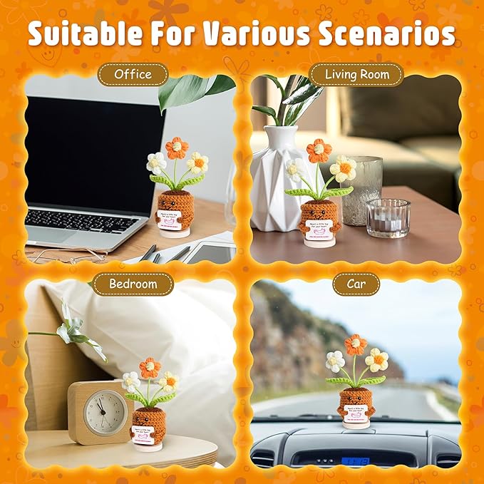 penzoos Emotional Support Plant, Handmade Crochet Potted Flower with Inspirational Message Card, Orange & White Knitted Daisy, Stress Relief Gift for Friends, Family, and Coworkers