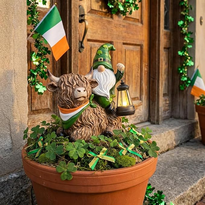 TERESA'S COLLECTIONS St Patricks Decorations for Outdoor Decor,Gnomes Resin Riding Highland Cow and Holding Lantern with Solar Lights for Outside,Shamrock Leprechaun Figurine, Irish Gifts,8.7"