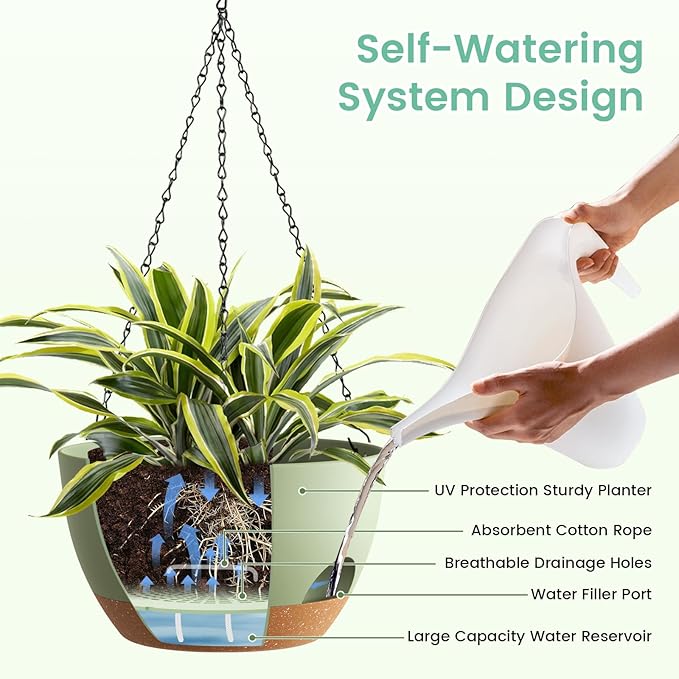 UOUZ 4 Pack 8 Inch Self Watering Hanging Planters for Indoor Outdoor Plants，Hanging Pots for Plants with Drainage Removable Tray, Hanging Baskets Flower Pots for Pothos Spider Garden Green with Brown
