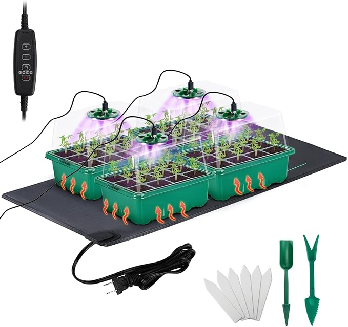 Seed Starter Tray with Grow Light & Heat Mat - 48 Cell Durable Easy Use Seed Starter Kit for Beginners, Thriving Seedling Germination Kit with Humidity Domes for Indoor Plant Growing Propagation