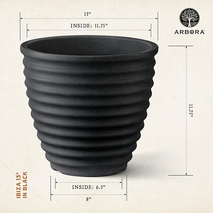 ARBORA 13" Ibiza Polyresin Indoor and Outdoor Planter with Classic Black Finish - Durable, Weatherproof, Lightweight, Large Plant Pot for Patio, Garden, Deck, Entryway - 2 Pack