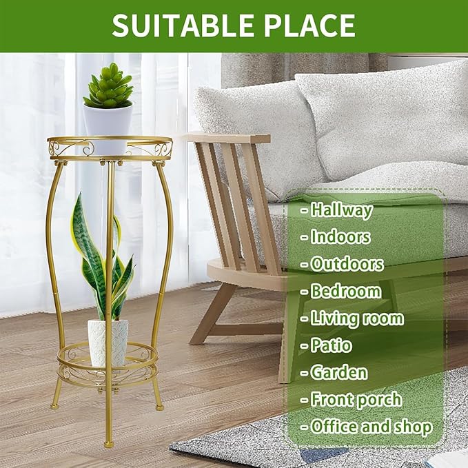 LOYAL TIGER Plant Stand Indoor Outdoor 2 Tier 27'' Tall Metal Potted Rack Flower Pot Stand Heavy Duty Rustproof Iron Multiple Plant Supports for Garden Balcony Patio (Golden)