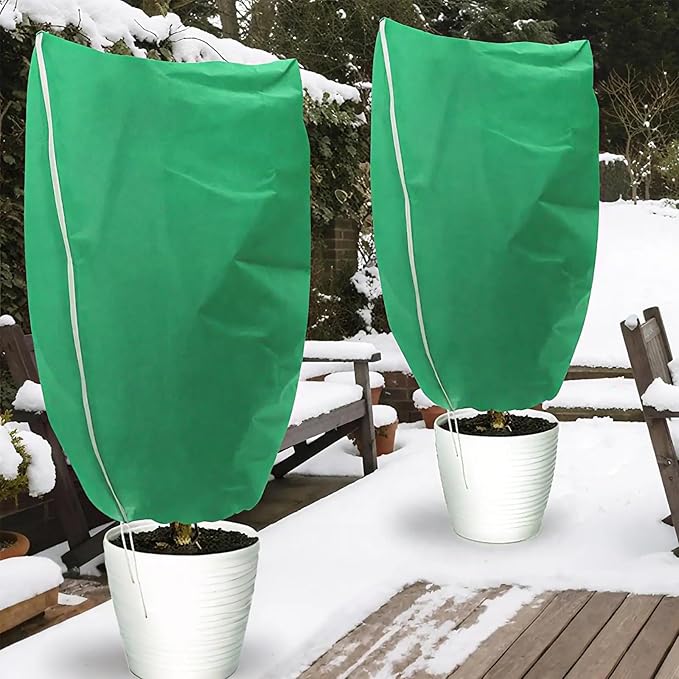4 Pack Winter Plant Covers Freeze Protection, 47 "x 31" Thickened Frost Blankets for Outdoor Plants, Fruit Trees, Shrubs & Potted Plants | Reusable Cloth Plant Covers Jacket with Drawstring-Green