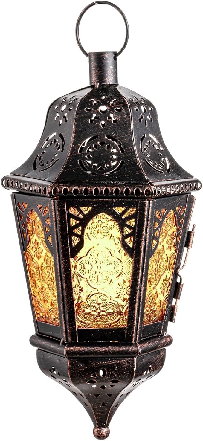 DECORKEY Ramadan Lantern Decorative Indoor & Outdoor, 13.6’’ Vintage Decorative Hanging Lanterns with Chian for Home Porch Patio Decor, Metal Christmas Moroccan Candle Holder Decorations (Amber)