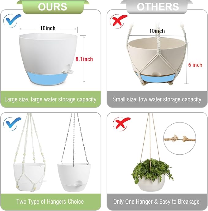 Meowell 10 inch Self Watering Hanging Planters, 2 Pack Hanging Flower Pots for Indoor Outdoor Plants, Hanging Baskets with Drainage Holes & 2 Kinds of Plant Hangers for Garden Home Decor, White