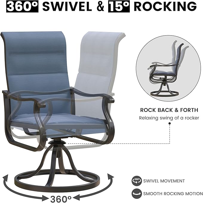 Patio Swivel Chairs Set of 6, Outdoor Dining Chairs with High Back, All-Weather Swivel Rocker Chair for Lawn, Porch or Garden (Padded Navy)