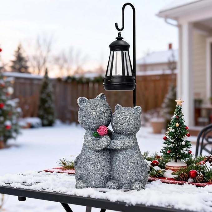 Outdoor Cat Garden Statues with Solar Lantern, Solar Lantern Cat Figurines Decor for Yard, Lawn, Porch & Patio, Unique Housewarming/Birthday Gifts for Women