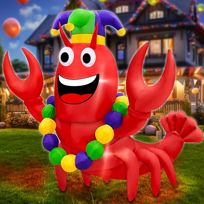 6 Ft Mardi Gras Decorations Inflatable Lobster with Crown Necklace Built-in LED Lights, Blow Up Lobster Outdoor Decor for Mardi Gras Carnival Party Yard Lawn Garden Home Indoor