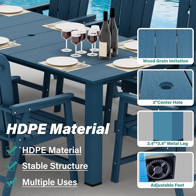 9-Piece Patio Dining Set, Outdoor Dining Set for 8, Large HDPE All-Weather Outdoor Furniture with 89.57” Umbrella Hole Table, 8 Armchairs, Navy