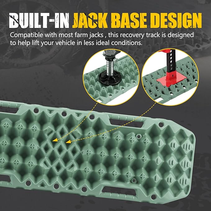 BUNKER INDUST Off-Road Traction Boards with Jack Base,Pair Recovery Track 4X4 Jeep Truck Emergency Tire Traction Mat with Bag -Sand, Mud, Snow Tracks Green Traction Pad (Gen 7th)