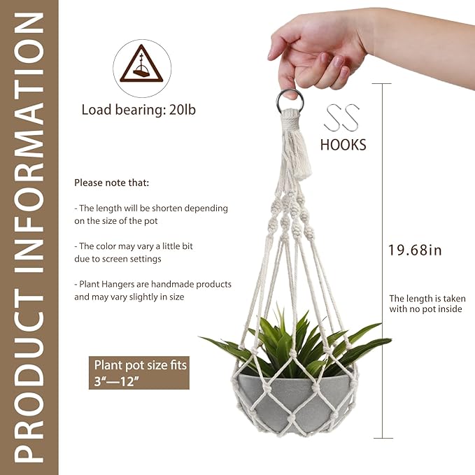 Artilady Macrame Plant Hanger Large Hanging Planter for Indoor Plants Holder White Cotton Rope Hanging Plant Basket Handmade Outdoor Window Boho Plant Wall Decor (White Macrame)