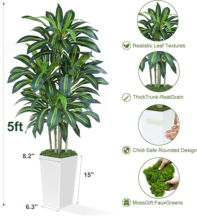 Keeplush 5FT Artificial Dracaena Tree - High-Density Foliage Fake Plant with White Tall Planter - Faux Yucca Floor Plant for Home Office Decor Indoor