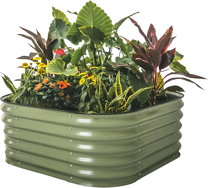 Vego garden Raised Garden Bed Kit, 17" Tall 4 in 1 Modular Metal Raised Garden Beds Kit, Metal Planter Box for Vegetables, Flowers, Herbs, Olive Green