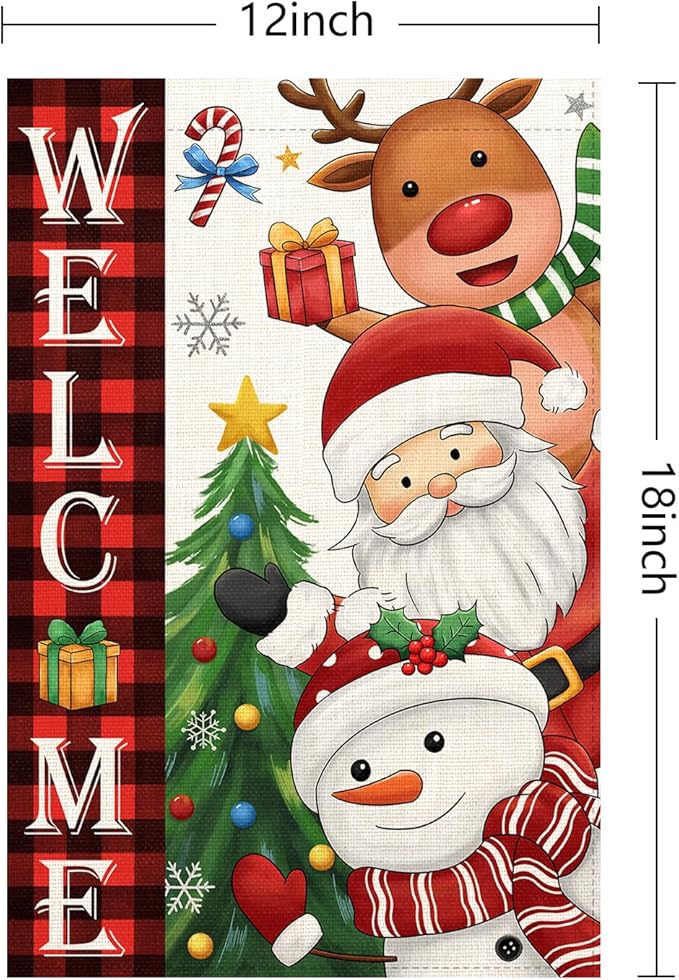 Welcome Christmas Garden Flag Santa Claus, snowman, reindeer12x18 Double Sided Vertical Outdoor Flag for Outside Xmas Farmhouse Flag Winter Holiday Yard Lawn Garden Banner (Welcome Christmas)