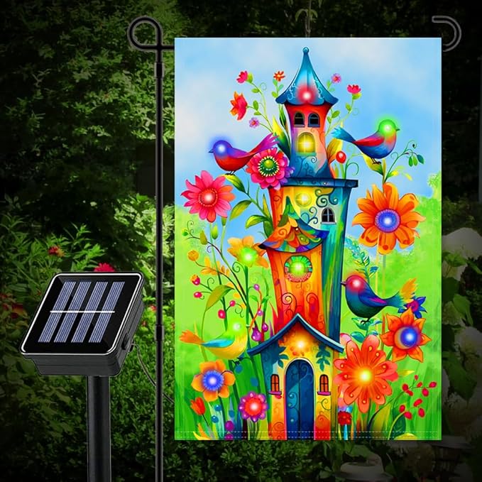 Bird Lighted Garden Flag for Outside, Led Solar Yard Flag 8 Modes Floral Bird Flag, 12x18 Double Sided House Decorations for Home Porch (Stand Not Included)