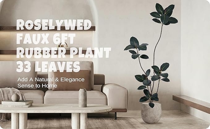 Artificial Rubber Tree 6FT with 33 Glossy Leaves & 5 Heads & Black Pot Cover with Coconut Fiber Realistic Tall Large Faux Tropical Ficus Elastica Plant 72 Inch for Indoor Home Modern Decor